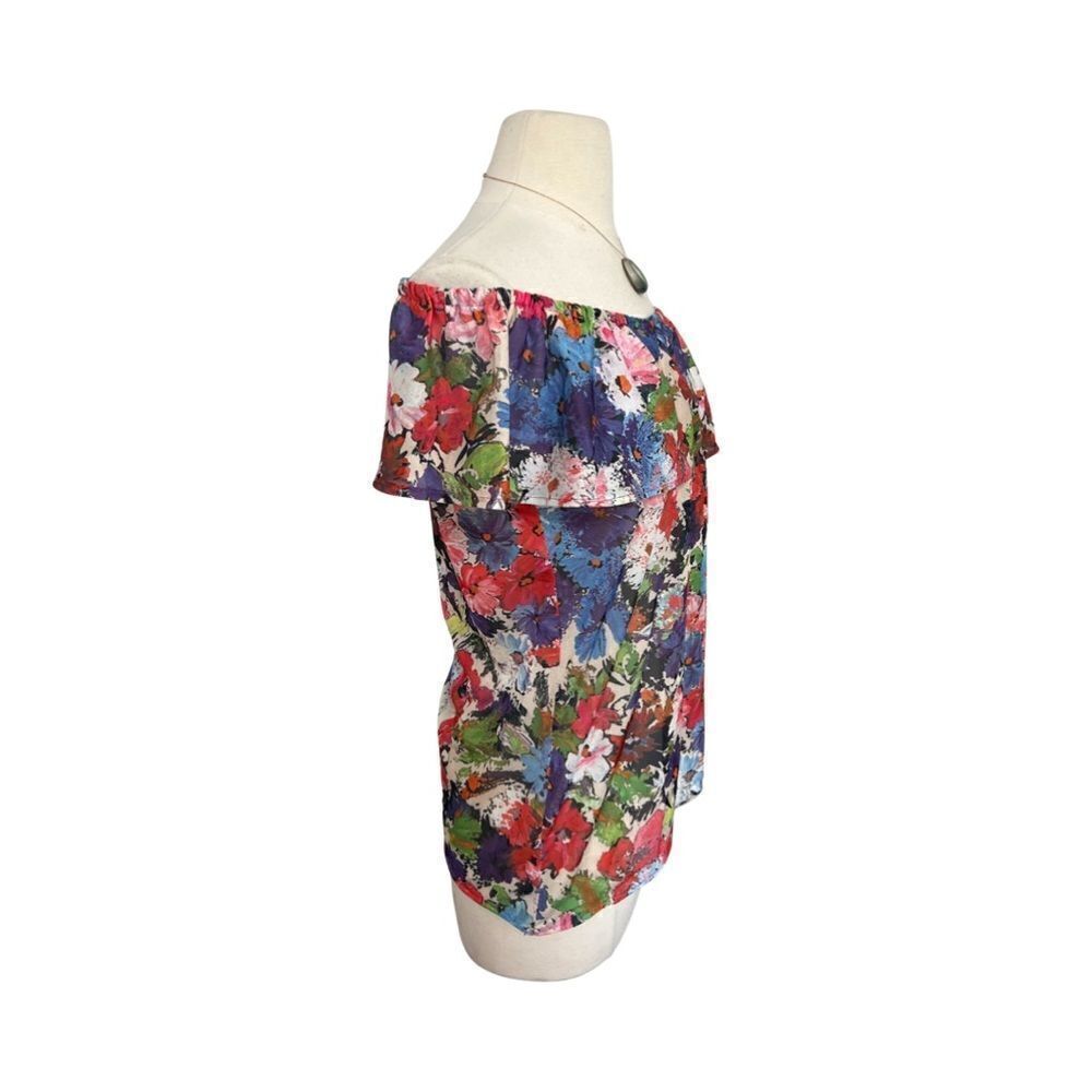 Vibrant Vintage 70s Flower Power Ruffle Could Shoulder Flouncy Floral Print Top - Picture 10 of 10